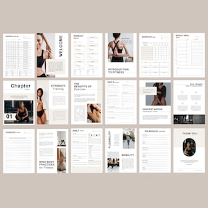 Puede incluir: Un diario de fitness con un dise&ntilde;o en blanco y negro. El diario incluye secciones para entrenamientos diarios, planes de comidas semanales y notas del entrenador. La portada presenta a una mujer con un sujetador deportivo negro y leggings.