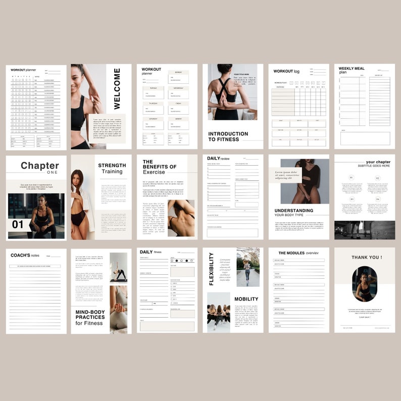 Puede incluir: Un diario de fitness con un dise&ntilde;o en blanco y negro. El diario incluye secciones para entrenamientos diarios, planes de comidas semanales y notas del entrenador. La portada presenta a una mujer con un sujetador deportivo negro y leggings.