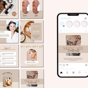 May include: A collection of Instagram story templates for a skincare business. The templates feature a neutral beige background with brown text and images. The text includes "New Offer", "Client Review", "Signs of Overhydration", "Q&A", "New Arrival", and "Skincare Treatments".