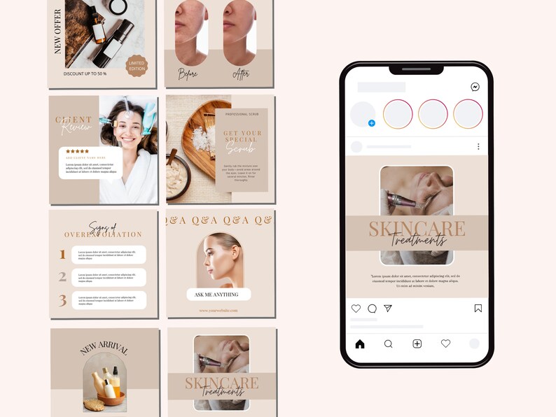 May include: A collection of Instagram story templates for a skincare business. The templates feature a neutral beige background with brown text and images. The text includes "New Offer", "Client Review", "Signs of Overhydration", "Q&A", "New Arrival", and "Skincare Treatments".