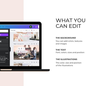 Peut inclure: Une capture d'&eacute;cran d'un ordinateur affichant un programme de conception graphique. Le programme comporte une barre lat&eacute;rale avec des options pour ajouter du texte, des titres et des sous-titres. La partie principale de l'&eacute;cran pr&eacute;sente trois conceptions diff&eacute;rentes avec des images et du texte. Le texte &agrave; l'&eacute;cran indique "Ce que vous pouvez modifier", "L'arri&egrave;re-plan", "Le texte" et "Les illustrations".