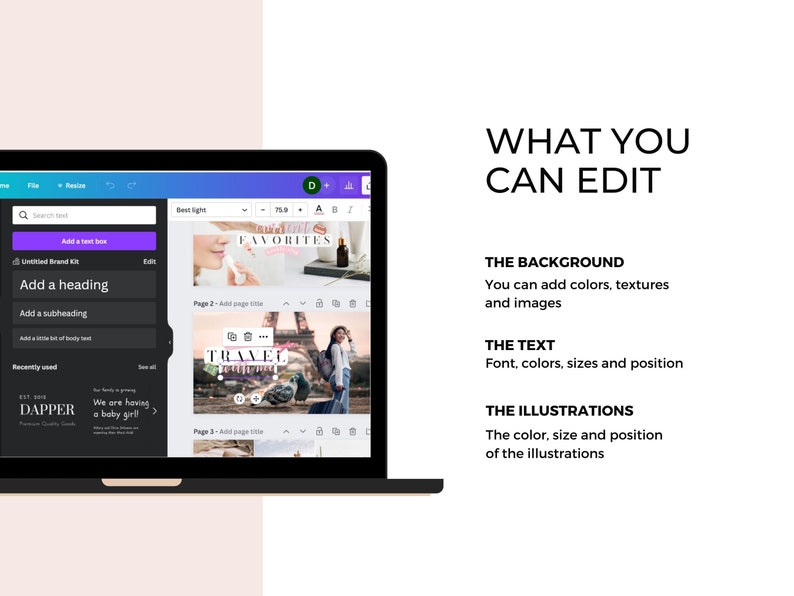 Peut inclure: Une capture d'&eacute;cran d'un ordinateur affichant un programme de conception graphique. Le programme comporte une barre lat&eacute;rale avec des options pour ajouter du texte, des titres et des sous-titres. La partie principale de l'&eacute;cran pr&eacute;sente trois conceptions diff&eacute;rentes avec des images et du texte. Le texte &agrave; l'&eacute;cran indique "Ce que vous pouvez modifier", "L'arri&egrave;re-plan", "Le texte" et "Les illustrations".