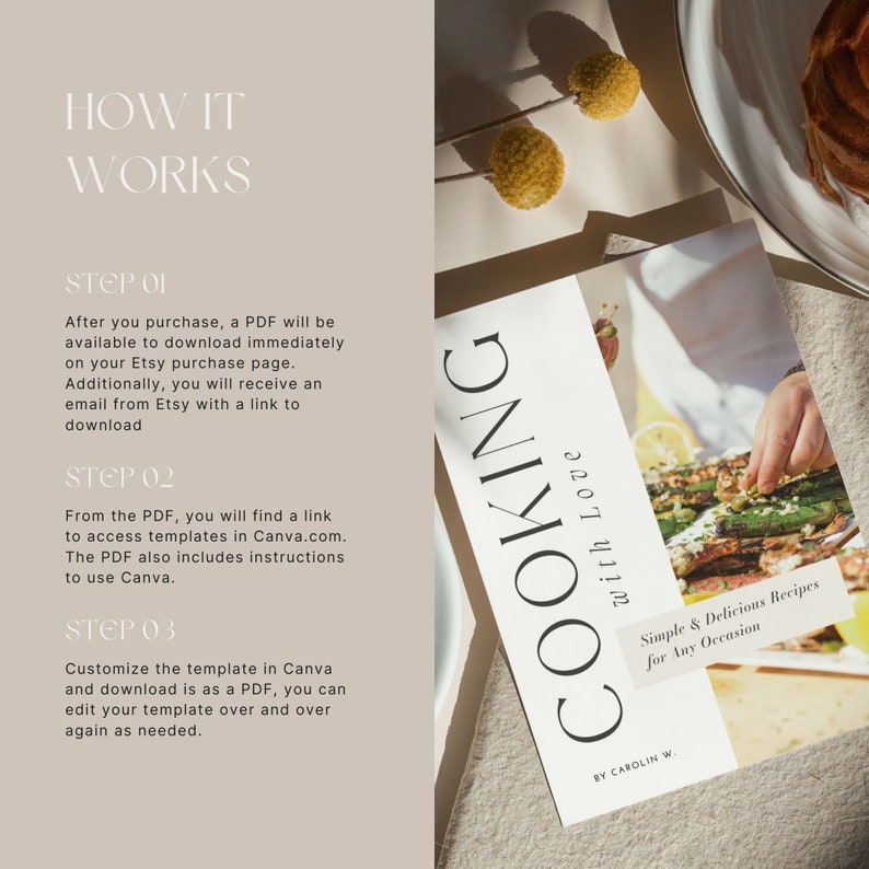 K&ouml;nnte beinhalten: Ein wei&szlig;er Kochbuchumschlag mit dem Titel "Cooking with Love" in schwarzer Schrift. Der Umschlag enth&auml;lt auch den Text "Simple & Delicious Recipes for Any Occasion" und "By Carolin W."