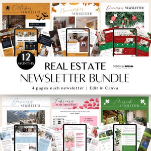 Paquete de boletines informativos sobre bienes raíces / Boletín informativo de 12 meses sobre marketing inmobiliario / Marca de agente inmobiliario: año completo / Plantillas de Canva