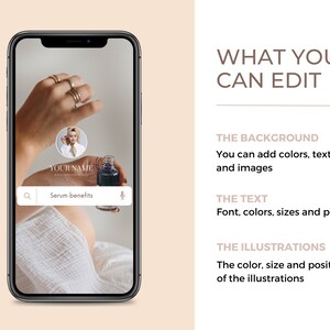 May include: A smartphone screen displaying a mockup of a social media post for a beauty product. The post features a woman's hand holding a bottle of serum, a search bar with the text "Serum benefits", and a profile picture of the woman. The text "YOUR NAME" is displayed above the search bar.