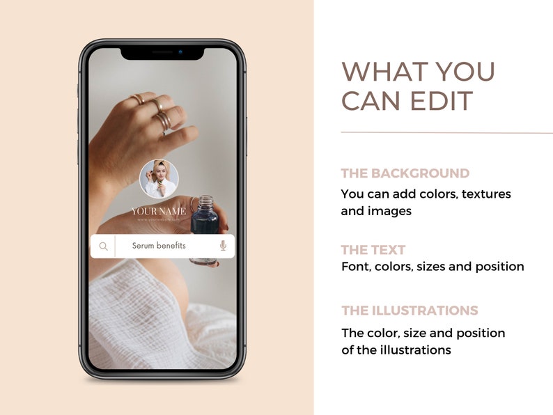 May include: A smartphone screen displaying a mockup of a social media post for a beauty product. The post features a woman's hand holding a bottle of serum, a search bar with the text "Serum benefits", and a profile picture of the woman. The text "YOUR NAME" is displayed above the search bar.