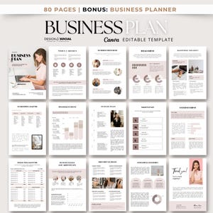 Op de afbeelding: Een sjabloon voor een businessplan met een zachtroze en wit ontwerp. De omslag toont een vrouw die op een laptop werkt. De sjabloon bevat secties voor visie, missie, bedrijfsstructuur en financiële vooruitzichten. De tekst "BUSINESS PLAN" is prominent aanwezig.