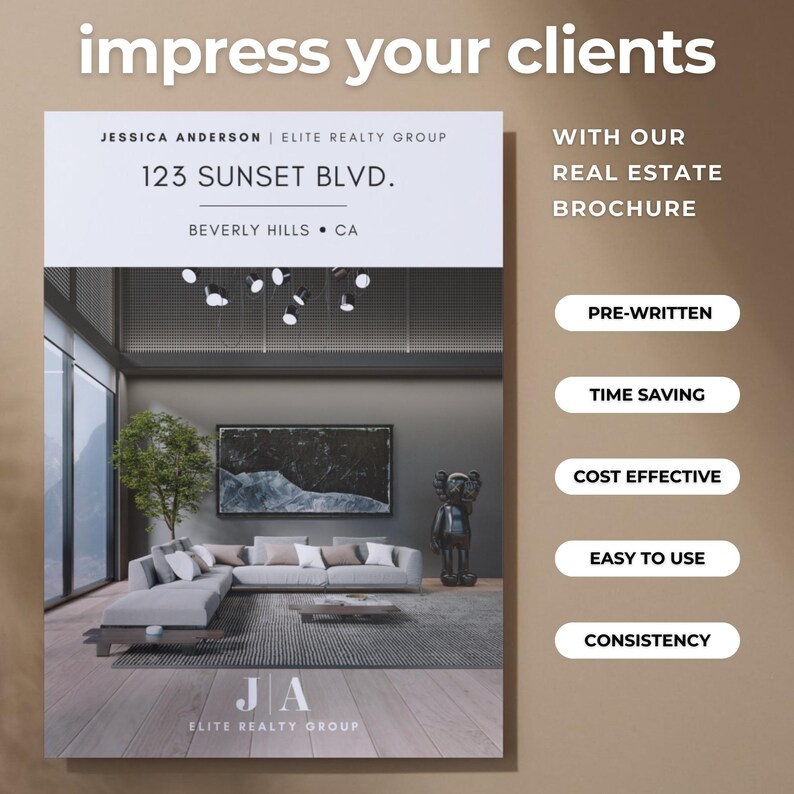 Peut inclure: Brochure immobili&egrave;re avec le texte "impressionnez vos clients". La brochure pr&eacute;sente l'adresse "123 Sunset Blvd." et le logo Elite Realty Group. Le texte suppl&eacute;mentaire comprend "Pr&eacute;-&eacute;crit", "Gain de temps" et "Rentable".