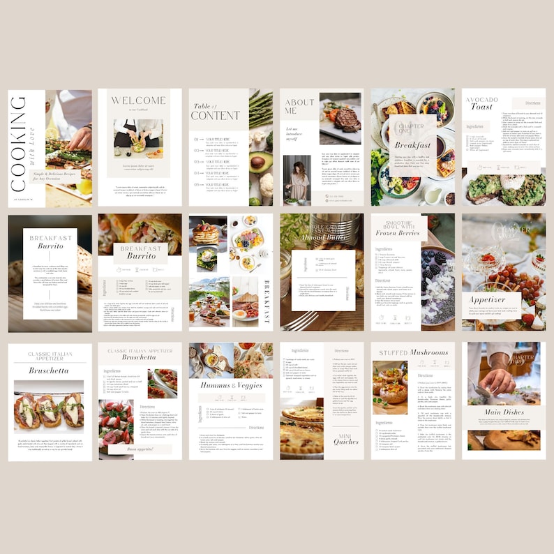 K&ouml;nnte beinhalten: Ein digitales Kochbuch mit Rezepten f&uuml;r Fr&uuml;hst&uuml;ck, Vorspeisen und Hauptgerichte. Das Kochbuch enth&auml;lt Fotos von jedem Gericht und umfasst ein Inhaltsverzeichnis, eine Willkommensnachricht und einen Abschnitt &uuml;ber mich.