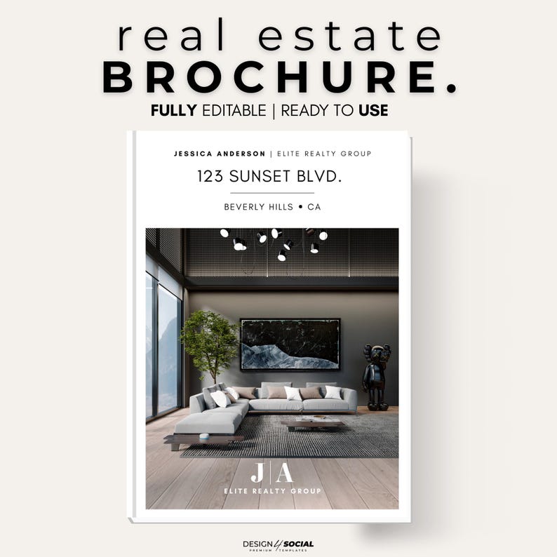 Peut inclure: Brochure blanche avec le texte "real estate BROCHURE." et "FULLY EDITABLE | READY TO USE." La brochure pr&eacute;sente un design d'int&eacute;rieur moderne avec un canap&eacute; gris, des &oelig;uvres d'art et l'adresse "123 SUNSET BLVD."