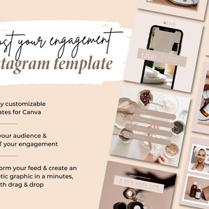 May include: A set of 30 customizable Instagram templates for Canva. The templates feature a minimalist aesthetic with a neutral color palette of beige, brown, and white. The templates include text overlays with phrases like "Boost your engagement", "Live!" and "Skincare Tips".