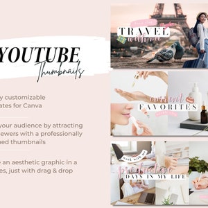 Peut inclure: Un ensemble de 10 mod&egrave;les de miniatures YouTube personnalisables pour Canva. Les mod&egrave;les pr&eacute;sentent du texte rose et blanc avec un effet de coup de pinceau. Le texte comprend "TRAVEL with me", "current FAVORITES" et "productive DAYS IN MY LIFE".