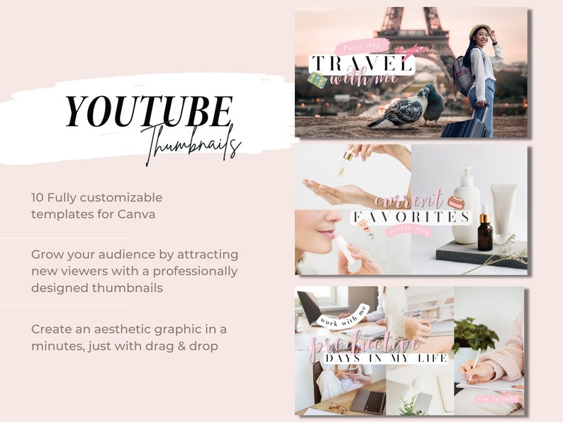Peut inclure: Un ensemble de 10 mod&egrave;les de miniatures YouTube personnalisables pour Canva. Les mod&egrave;les pr&eacute;sentent du texte rose et blanc avec un effet de coup de pinceau. Le texte comprend "TRAVEL with me", "current FAVORITES" et "productive DAYS IN MY LIFE".