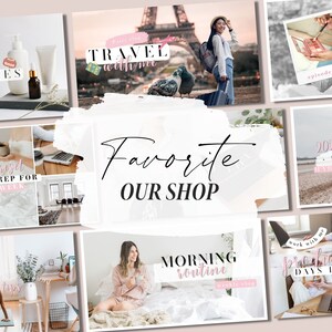 Peut inclure: Un collage d'images avec des superpositions de texte faisant la promotion d'une boutique. Les images comprennent une femme en voyage, une femme faisant du yoga, une femme avec une tasse de caf&eacute;, une femme travaillant sur un ordinateur portable et une femme se maquillant. Les superpositions de texte incluent "Voyage avec moi", "R&eacute;initialisation du dimanche", "Notre boutique pr&eacute;f&eacute;r&eacute;e", "Routine matinale", "Objectifs 2023" et "Travailler avec moi Jours productifs de ma vie".