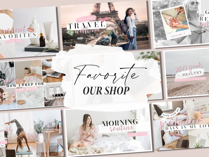 Peut inclure: Un collage d'images avec des superpositions de texte faisant la promotion d'une boutique. Les images comprennent une femme en voyage, une femme faisant du yoga, une femme avec une tasse de caf&eacute;, une femme travaillant sur un ordinateur portable et une femme se maquillant. Les superpositions de texte incluent "Voyage avec moi", "R&eacute;initialisation du dimanche", "Notre boutique pr&eacute;f&eacute;r&eacute;e", "Routine matinale", "Objectifs 2023" et "Travailler avec moi Jours productifs de ma vie".