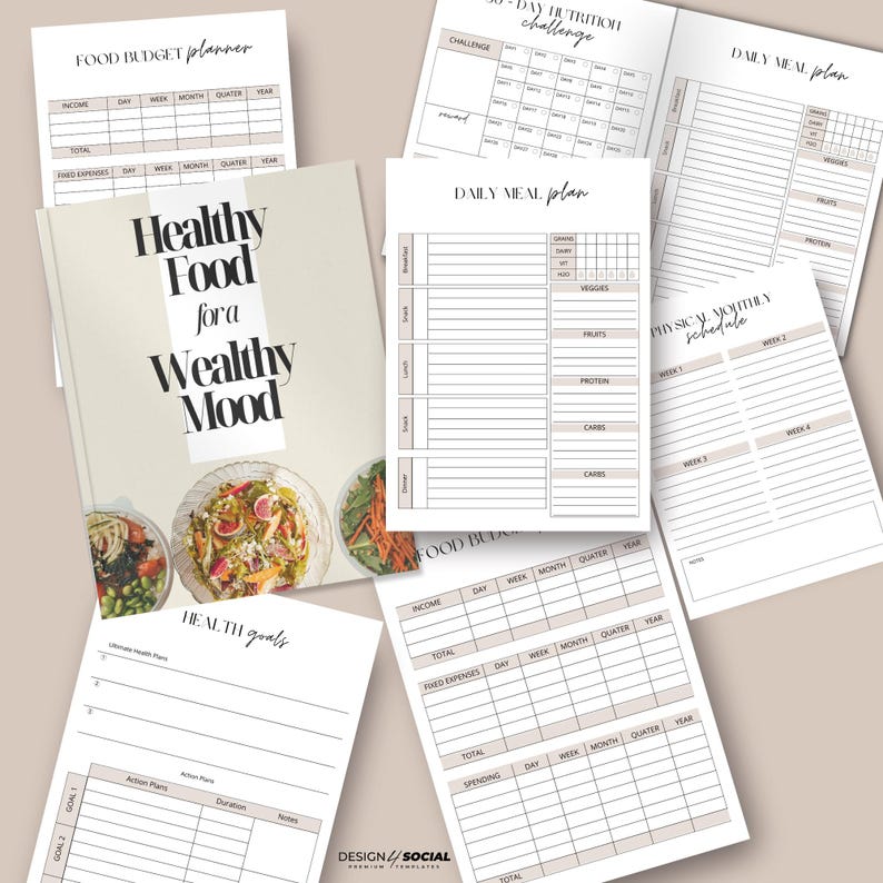 May include: A printable planner with a beige background and black text. The planner includes sections for food budgeting, meal planning, and physical activity scheduling. The cover features a colorful image of a salad bowl and the text "Healthy Food for a Wealthy Mood".