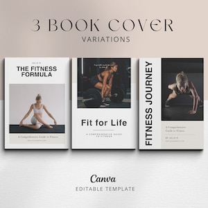 Puede incluir: Tres variaciones de portadas de libros para una gu&iacute;a de fitness. La primera portada presenta a una mujer sentada en una postura de yoga con el t&iacute;tulo "The Fitness Formula: A Comprehensive Guide to Fitness" por Julia K. La segunda portada presenta a una mujer levantando pesas con el t&iacute;tulo "Fit for Life: A Comprehensive Guide to Fitness". La tercera portada presenta a una mujer haciendo una flexi&oacute;n con el t&iacute;tulo "Fitness Journey: A Comprehensive Guide to Fitness by Julia K."