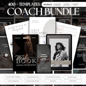 May include: A collection of 400+ social media templates for coaches, including Instagram posts, stories, YouTube thumbnails, and a media kit. The templates feature a black and white color scheme with a modern design.