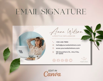 May include: Email signature template with a woman in a striped shirt sitting at a desk with a laptop. The signature includes the name Anna Wilson, Lifestyle Influencer, contact information, and social media icons. The text "EDIT IN Canva" is at the bottom of the signature.