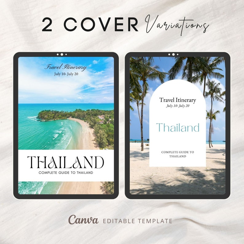 以下が含まれることがあります： タイへの旅行の旅程テンプレートを備えた、デジタルタブレットのモックアップが2つあります。最初のモックアップは、熱帯の島と「Travel Itinerary July 10-July 20 THAILAND COMPLETE GUIDE TO THAILAND」というテキストが書かれたビーチのシーンです。2番目のモックアップは、ヤシの木と「Travel Itinerary July 10-July 20 Thailand COMPLETE GUIDE TO THAILAND」というテキストが書かれたビーチのシーンです。