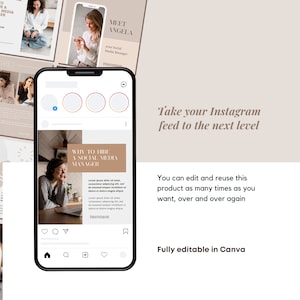 May include: A phone screen mockup showing a social media post template for Instagram. The post is about hiring a social media manager. The template is in a minimalist style with a beige background and black text. The text on the post reads "Why to hire a social media manager". The post also includes a photo of a woman working on a laptop. The template is fully editable in Canva.