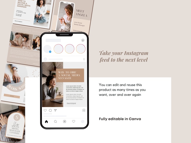 May include: A phone screen mockup showing a social media post template for Instagram. The post is about hiring a social media manager. The template is in a minimalist style with a beige background and black text. The text on the post reads "Why to hire a social media manager". The post also includes a photo of a woman working on a laptop. The template is fully editable in Canva.