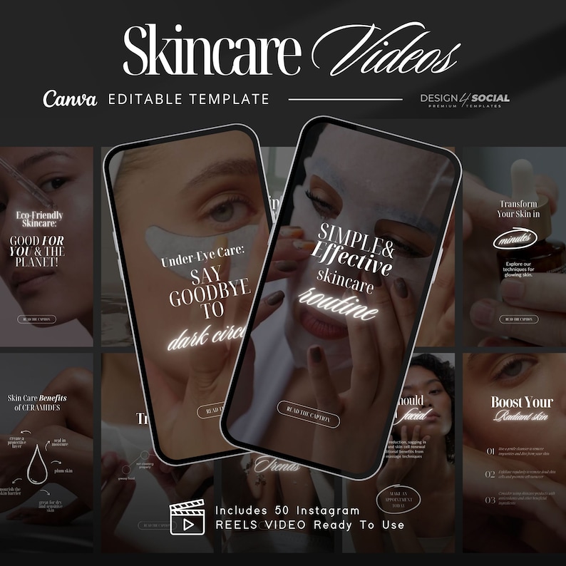 K&ouml;nnte beinhalten: Eine Collage von Bildern, die Skincare-Videos bewerben. Die Bilder zeigen Nahaufnahmen von Gesichtern mit Hautpflegeprodukten, Text&uuml;berlagerungen mit S&auml;tzen wie "Einfache & Effektive Hautpflege Routine" und "Sag Tsch&uuml;ss zu dunklen Kreisen" sowie ein Play-Button-Symbol. Der Text "Enth&auml;lt 50 Instagram Reels Videos, bereit zur Verwendung" befindet sich unten.