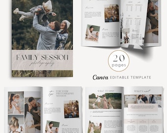 Peut inclure: Un modèle Canva de 20 pages pour des séances de photographie familiale. La couverture présente une famille de trois personnes dans un champ, avec le texte "FAMILY SESSION photography" dans un encadré brun clair avec une bordure blanche.