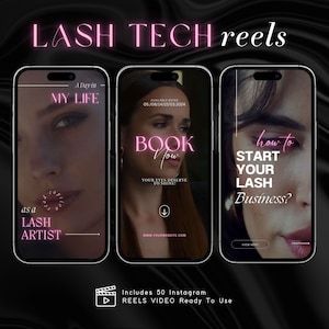 Könnte beinhalten: Drei Telefon-Bildschirm-Mockups mit pinkfarbenem Neontext. Der erste Telefonbildschirm sagt "Ein Tag in meinem Leben als Wimpernstylistin". Der zweite Telefonbildschirm sagt "Verfügbare Termine 05/08/14/22/03.2024 Jetzt buchen Ihre Augen verdienen es zu strahlen!" Der dritte Telefonbildschirm sagt "Wie man sein Wimpern-Geschäft startet?" Ein Wiedergabetaste-Symbol mit dem Text "Enthält 50 Instagram Reels Videos, bereit zur Verwendung" befindet sich unter den Telefonbildschirmen.