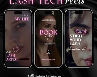 May include: Three phone screen mockups with pink neon text. The first phone screen says "A Day in My Life as a Lash Artist". The second phone screen says "Available Dates 05/08/14/22/03.2024 Book Now Your Eyes Deserve to Shine!" The third phone screen says "How to Start Your Lash Business?"  A play button icon with the text "Includes 50 Instagram Reels Video Ready To Use" is below the phone screens.