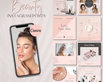 May include: A collection of 30 Instagram post templates for beauty brands. The templates feature pink and white backgrounds with floral accents and text that says "Beauty", "Love Your Skin", "Perfect Skin", "Beauty Package", and "Beauty Skincare Product".