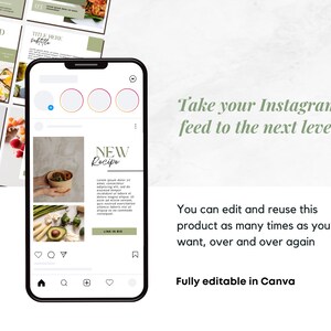 May include: A phone screen mockup showing a template for Instagram posts. The template features a green background with the text "NEW Recipe" and a photo of a bowl of food. The template also includes a link to a website.