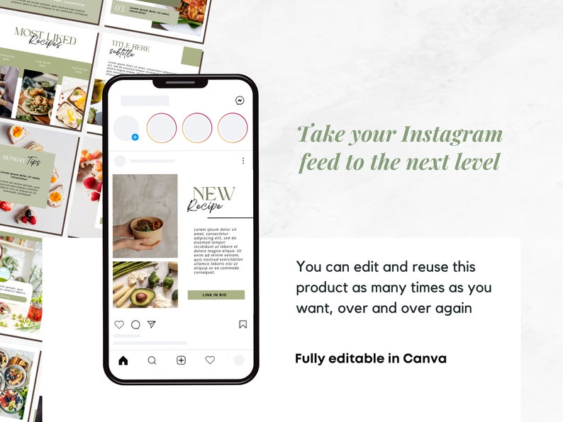 May include: A phone screen mockup showing a template for Instagram posts. The template features a green background with the text "NEW Recipe" and a photo of a bowl of food. The template also includes a link to a website.