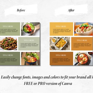 May include: A collage of six images showcasing different food dishes. The images are arranged in a grid pattern with a light green background on the left and a light orange background on the right. Each image features a different food dish, such as a salad, a casserole, and a breakfast dish. The text "TITLE HERE" is displayed above each image, along with a short description of the food.