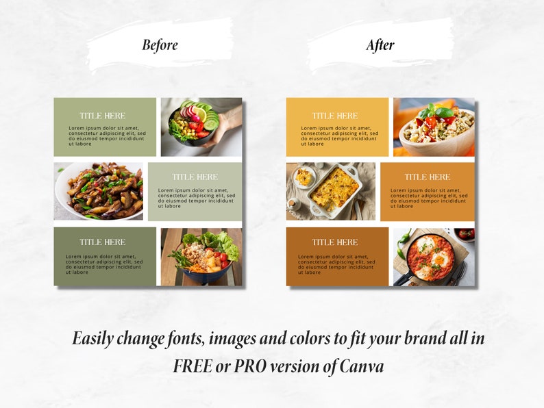 May include: A collage of six images showcasing different food dishes. The images are arranged in a grid pattern with a light green background on the left and a light orange background on the right. Each image features a different food dish, such as a salad, a casserole, and a breakfast dish. The text "TITLE HERE" is displayed above each image, along with a short description of the food.