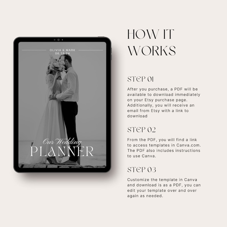 May include: A black and white image of a couple on a tablet screen. The text "Our Wedding Planner" is displayed on the screen. The text "HOW IT WORKS" is displayed above the tablet. The text "STEP 01" is displayed below the tablet. The text "After you purchase, a PDF will be available to download immediately on your Etsy purchase page. Additionally, you will receive an email from Etsy with a link to download" is displayed below the text "STEP 01". The text "STEP 02" is displayed below the text "STEP 01". The text "From the PDF, you will find a link to access templates in Canva.com. The PDF also includes instructions to use Canva." is displayed below the text "STEP 02". The text "STEP 03" is displayed below the text "STEP 02". The text "Customize the template in Canva and download is as a PDF, you can edit your template over and over again as needed." is displayed below the text "STEP 03".