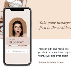 May include: A smartphone mockup with a pink background and a white archway. The archway contains a photo of a woman with a surprised expression. The text "NEW BLOG POST" is displayed in a brown rectangle. Below the archway is a search bar with a magnifying glass icon and the text "6 Skincare Routine Tips".