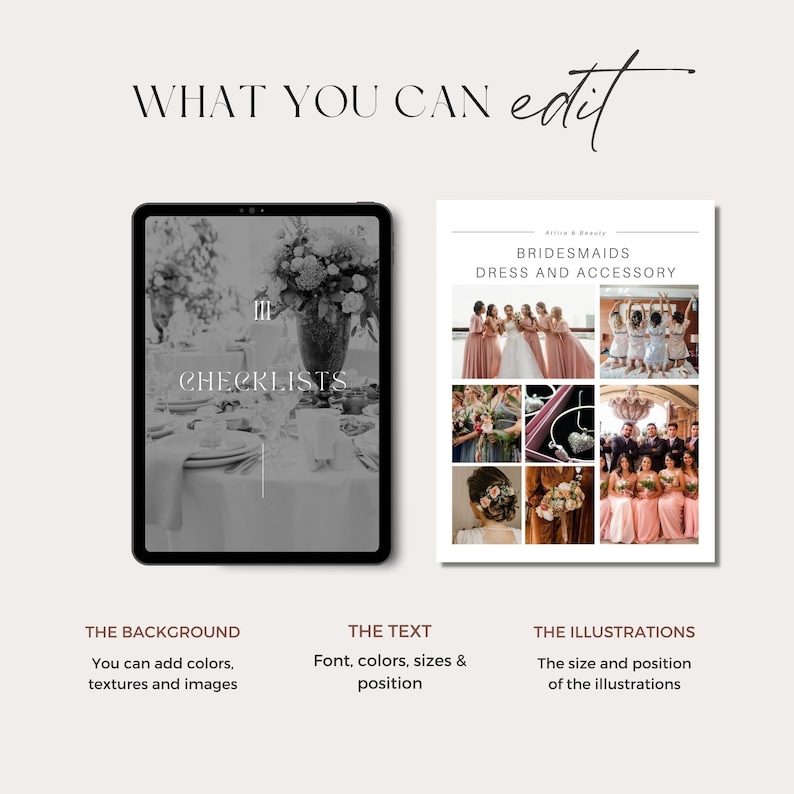 May include: A digital checklist template for bridesmaids dress and accessory planning. The template features a black and white photo of a table setting with flowers and a vase. The text "CHECKLISTS" is displayed on the template. The template is displayed on a tablet.