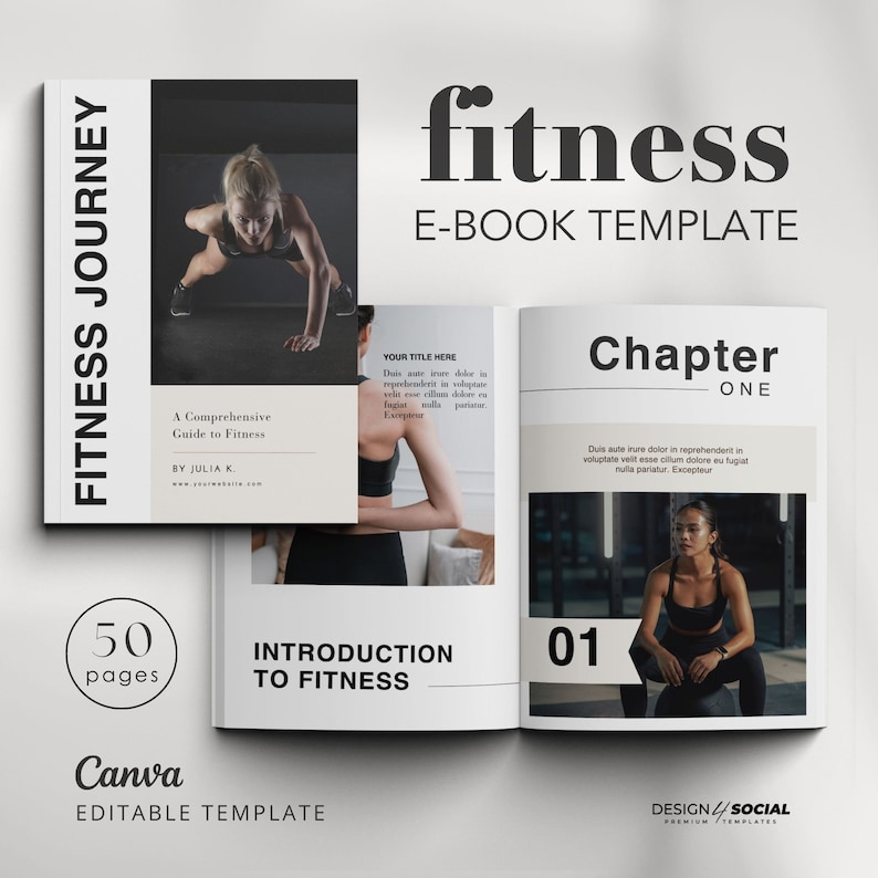 Puede incluir: Una plantilla de libro electr&oacute;nico en blanco y negro para una gu&iacute;a de fitness. La portada presenta a una mujer haciendo una flexi&oacute;n. El t&iacute;tulo del libro es "Fitness Journey" y el subt&iacute;tulo es "A Comprehensive Guide to Fitness". Las p&aacute;ginas interiores presentan a una mujer sentada en un bal&oacute;n de gimnasia y el texto "Cap&iacute;tulo Uno: Introducci&oacute;n al fitness".