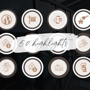 May include: A set of 10 brown and white circle icons with various real estate related illustrations. The icons are arranged in a grid pattern. The text "50 highlights" is written in cursive on a white background.