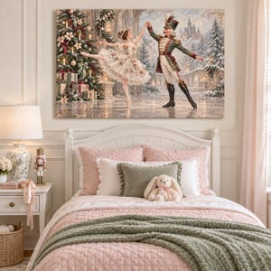 Nutcracker Ballerina dancing Christmas Canvas Wall Art,, Holiday ballet, Sage Green Christmas Decor, Ready to Hang, Various Sizes