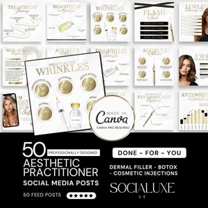 White and Gold instagram templates for aestheticians, Dermal filler editable bundle, cosmetic injector, botox, anti-wrinkle, Canva template