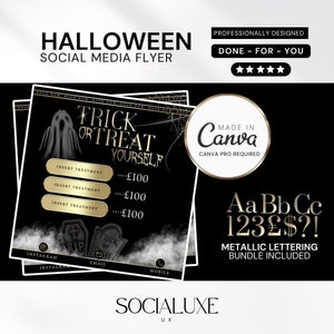 Halloween Social Media Template Bundle, Gold & Schwarz bearbeitbare Canva Für Beauty, Ästhetik, Lash Tech, Haare, Nägel, Halloween Sale Flyer