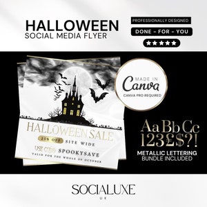 Halloween Social Media Template Bundle, Gold & Weiß bearbeitbare Canva Für Beauty, Ästhetik, Lash Tech, Haare, Nägel, Halloween Sale Flyer