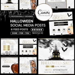 Halloween Social Media Template Bundle, Gold & Weiß bearbeitbare Canva Für Beauty, Ästhetik, Lash Tech, Haare, Nägel, Halloween Sale Flyer