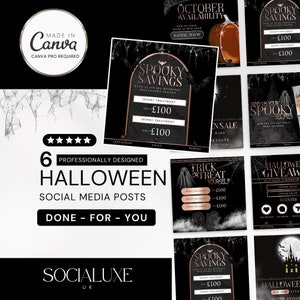 Halloween Social Media Template Bundle, Roségold & Schwarz bearbeitbare Canva für Schönheit, Ästhetik, Lash Tech, Haare, Nägel, Halloween Sale Flyer