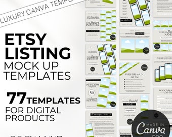 Puede incluir: Un conjunto de 77 plantillas de maqueta de listado de Etsy para productos digitales, diseñadas para Canva. Las plantillas presentan un esquema de color verde y blanco con un fondo de paisaje. El texto "77 plantillas para productos digitales" se muestra en una fuente grande.