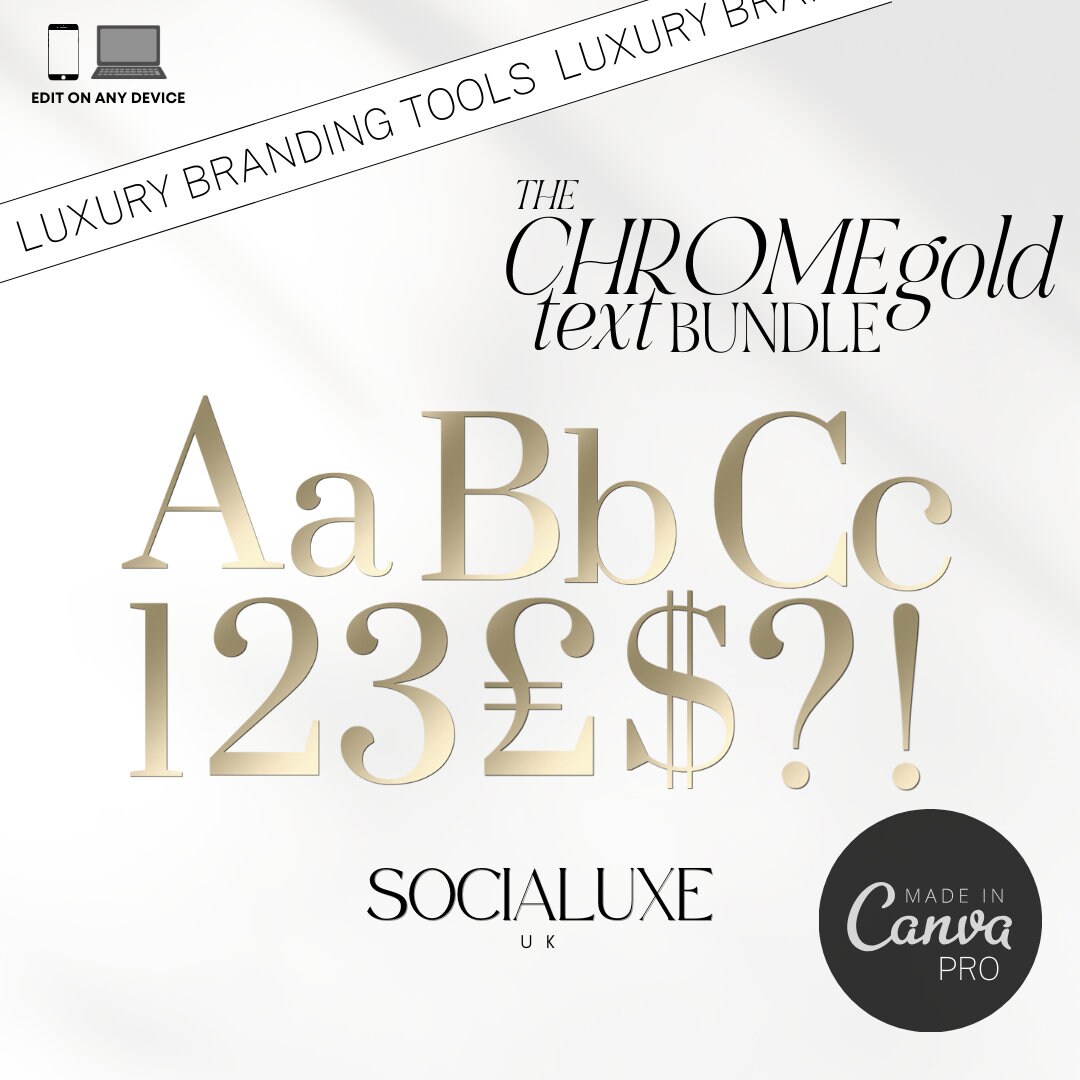 Gold Chrome Metallic Lettering: Canva Text Bundle (PNG)