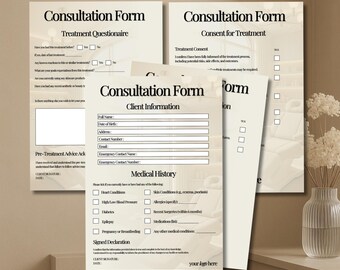 May include: A stack of beige consultation forms with black text. The forms include sections for client information, medical history, and consent for treatment. The forms are arranged on a light-colored surface with a vase of flowers in the background.