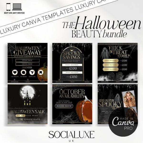 Halloween Social Media Template Bundle, Gold & Black Editable Canva For Beauty, Aesthetics, Lash Tech, Hair, Nails, Halloween Sale Flyer